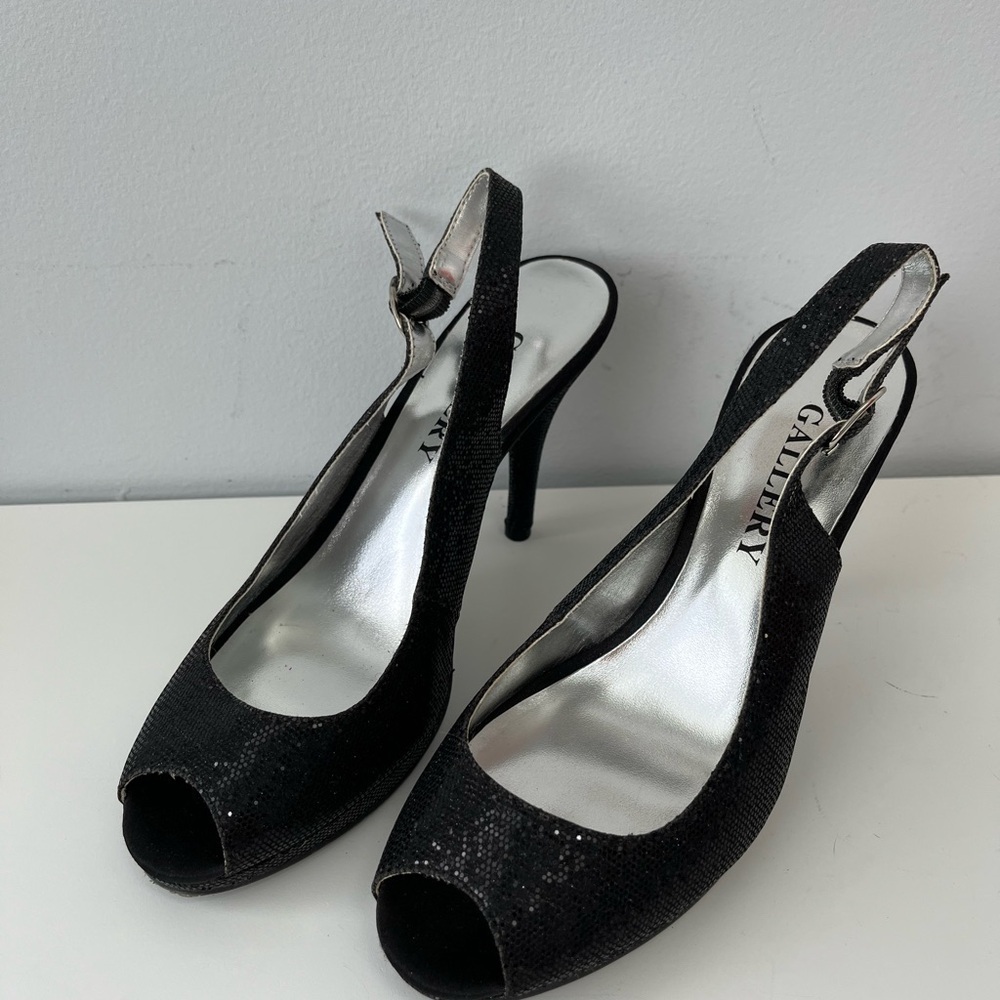 Gallery Peep Toe Sling Back Black Sparkle Heels Shoes 7 Party Wedding Guest